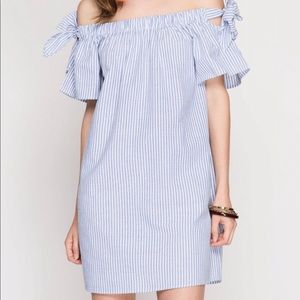 She + sky striped off the shoulder dress
